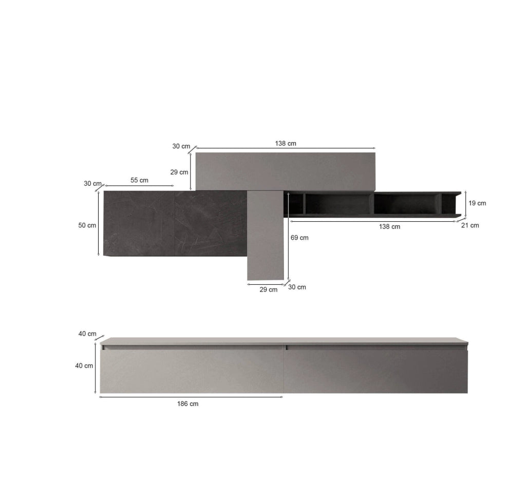 Parete attrezzata Anacamptis, Composizione soggiorno, Mobile salotto multiuso, Armadio porta TV, Made in Italy, 276x40 h180 cm, Ardesia e Grigio scuro