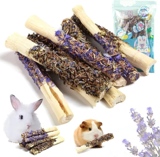 Kit di cuscini per conigli e cavia 8 pezzi - Fieno naturale - Lavanda/Non dimenticarti - Igiene dentale - 100% Bambù essiccato - Ideale per conigli e cavia - Giocattolo per cuscini da masticare