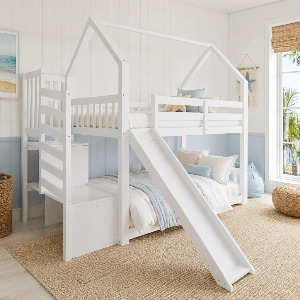 Letto a castello per bambini con scala contenitore; scivolo e sponde; 90x200 cm; pino e MDF; bianco