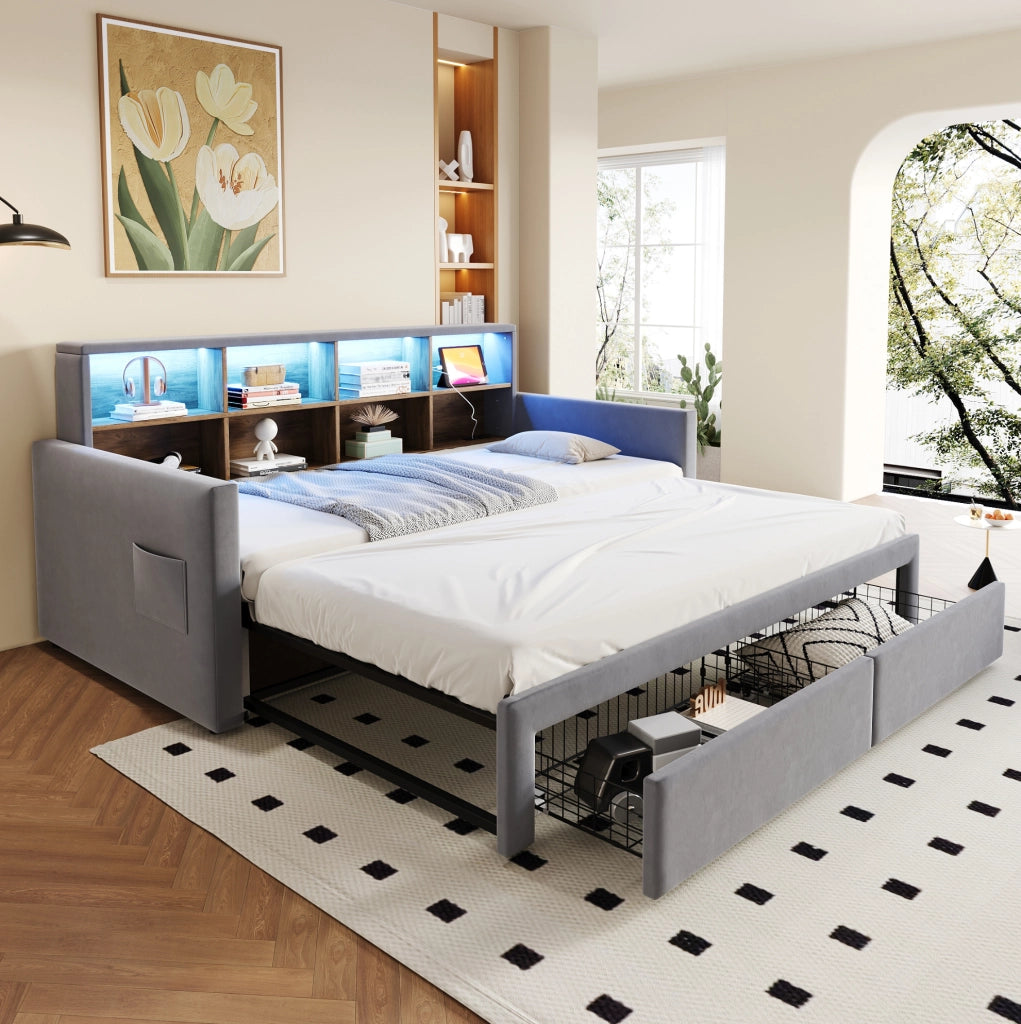 Divano letto imbottito estensibile con contenitore e luce LED
