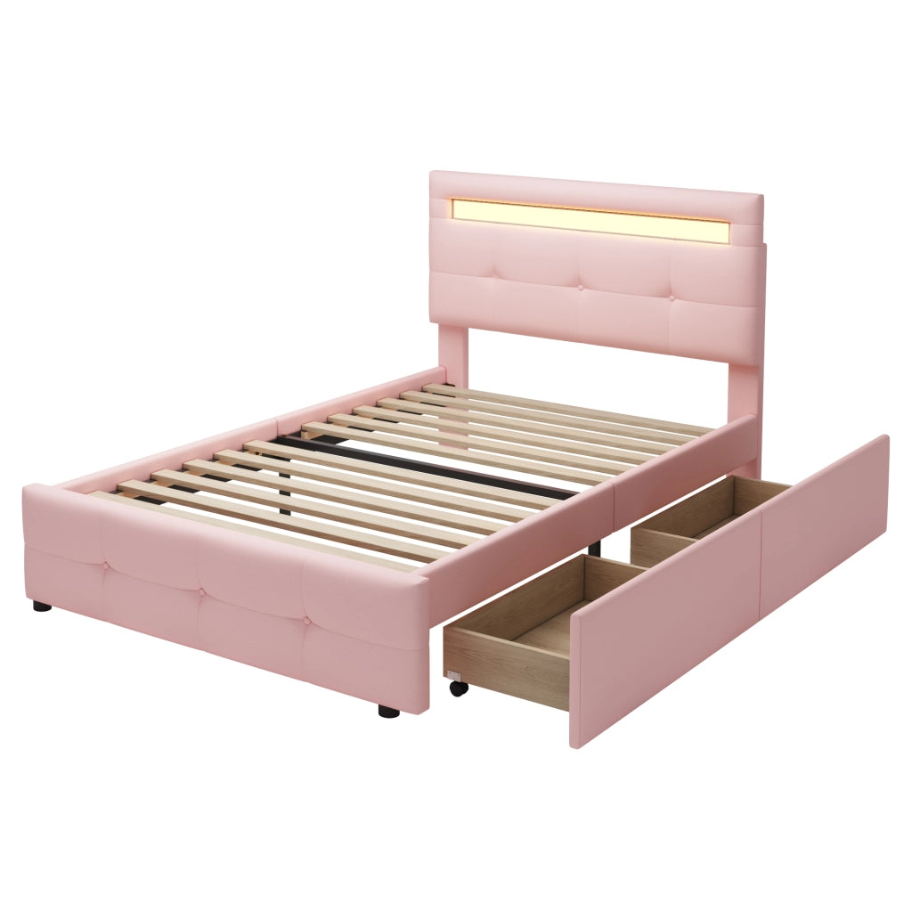 Letto imbottito con LED, 2 cassetti e testiera regolabile, 90x200 cm, rosa