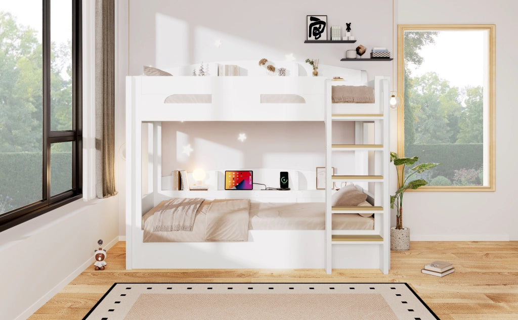 Letto a Soppalco 140x200 cm con USB; Contenitore; Scala e Sponde; Bianco