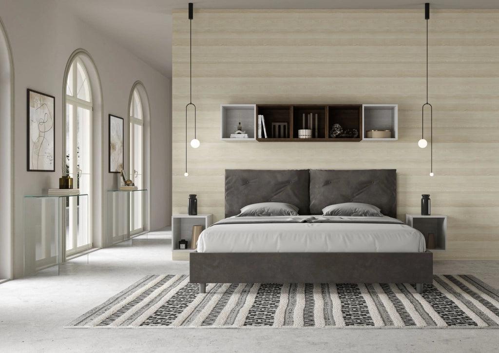 BS COM Letto matrimoniale king size con rete imbottito 190x210 microfibra grigio Large