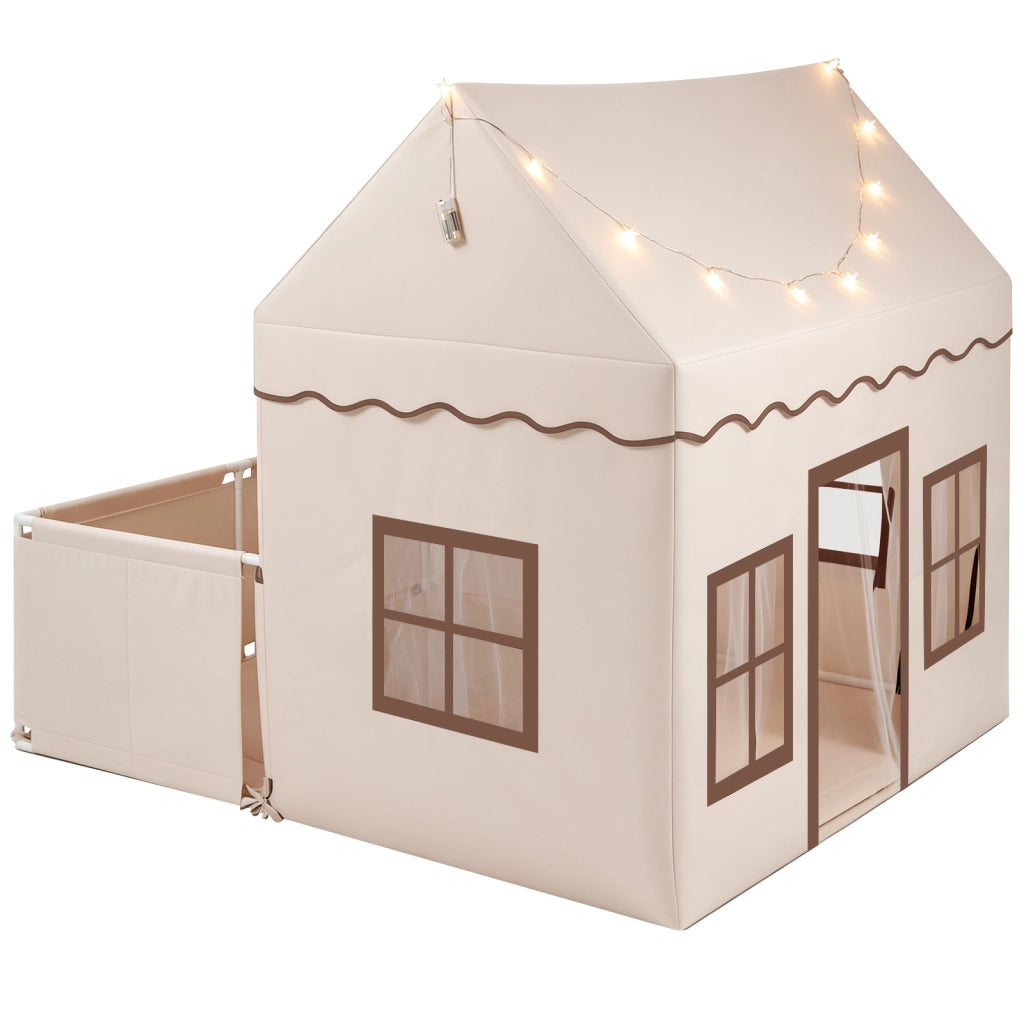 Tenda per bambini da interno con recinzione con tappetino morbido luci decorative, Tenda da gioco a forma di casetta per bambini 3+ anni Marrone
