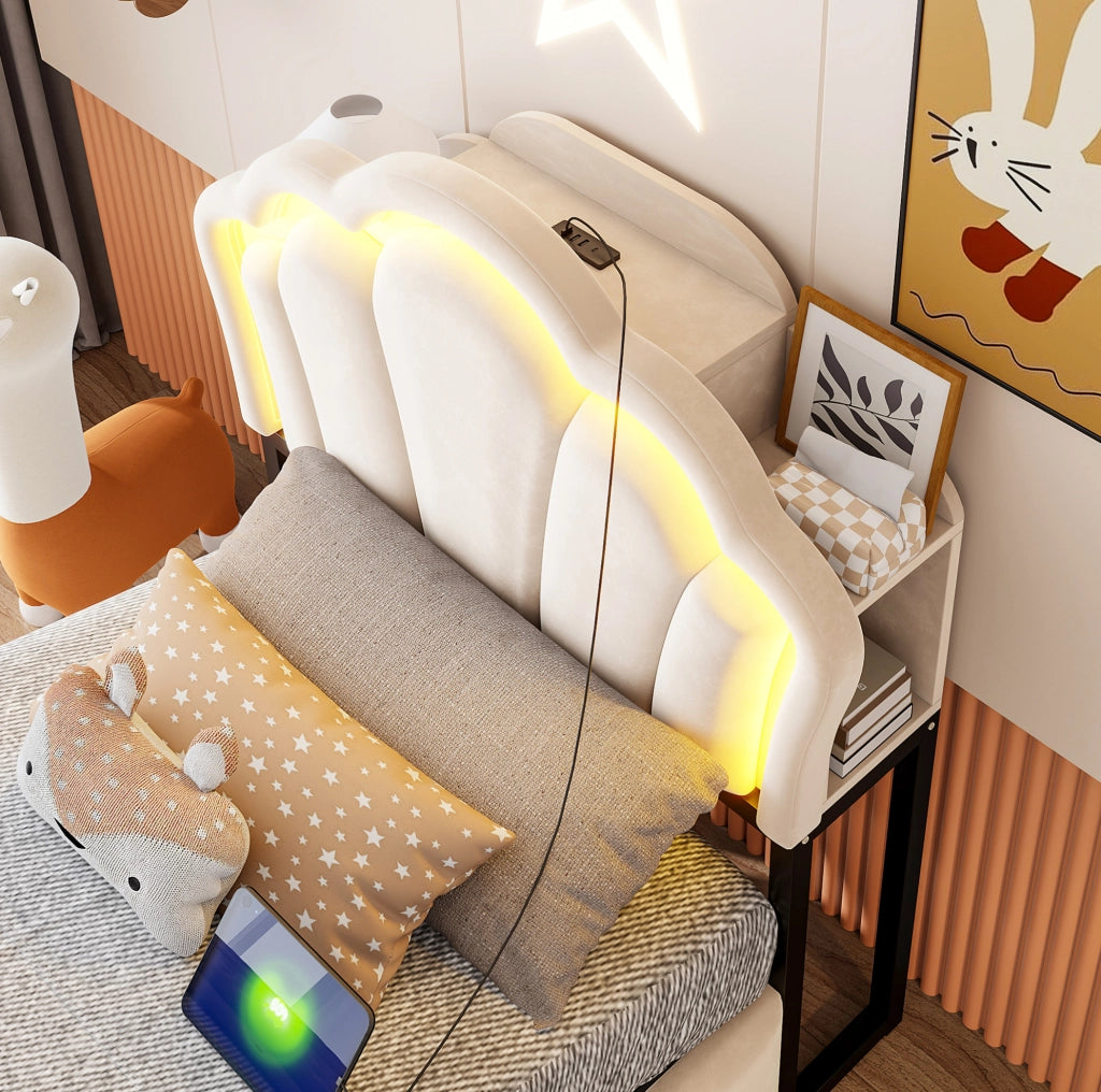 Letto imbottito 90x200 cm beige con contenitore, LED e prese
