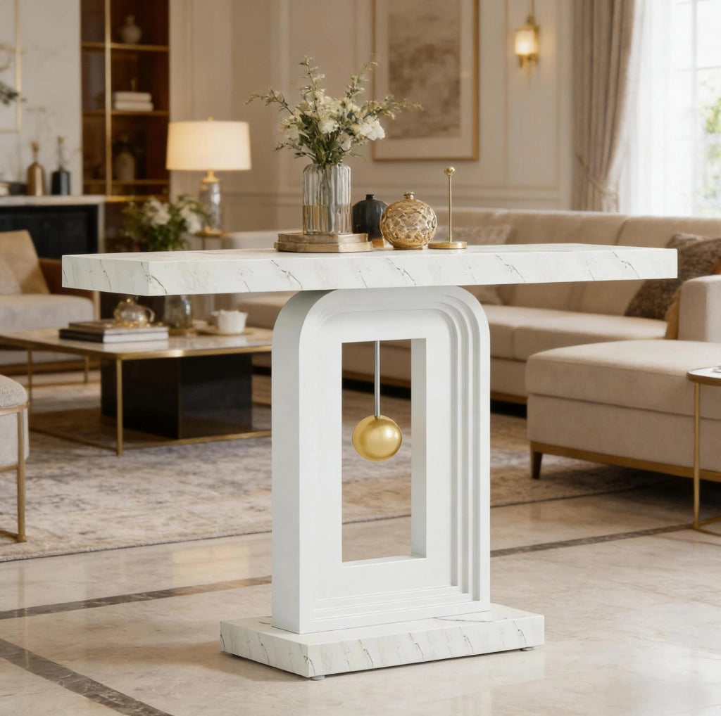 Tavolino Consolle stretto in MDF con piano in marmo bianco, 100 cm, per ingresso e soggiorno