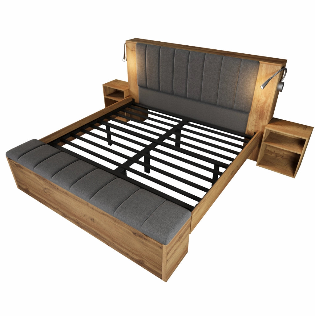 Letto matrimoniale 160x200 cm in legno rovere con testiera reclinabile in lino, due comodini, panca contenitore e luci da lettura USB inclusi con rete e materasso