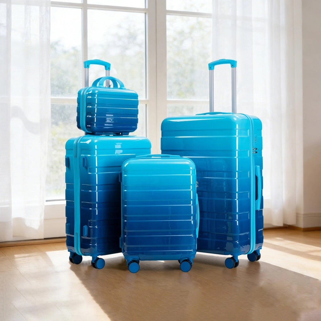 Set di valigie 4 pezzi in PC blu con trolley 20 24 28 pollici e beauty case rimovibile da 14 pollici