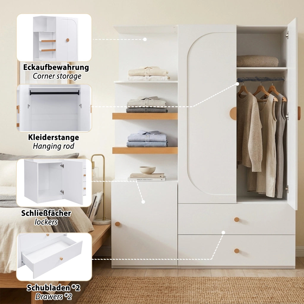 Armadio con barra appendiabiti; 2 cassetti e ripiani aperti in MDF bianco e naturale per camera 125 × 50 × 180 cm