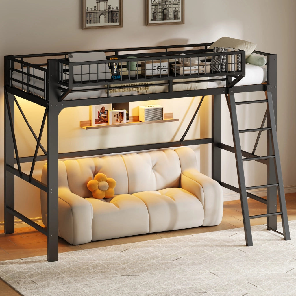 Letto a soppalco 90 × 200 cm 1 posto con LED a 7 colori, cestino laterale e barriere, senza materasso, nero