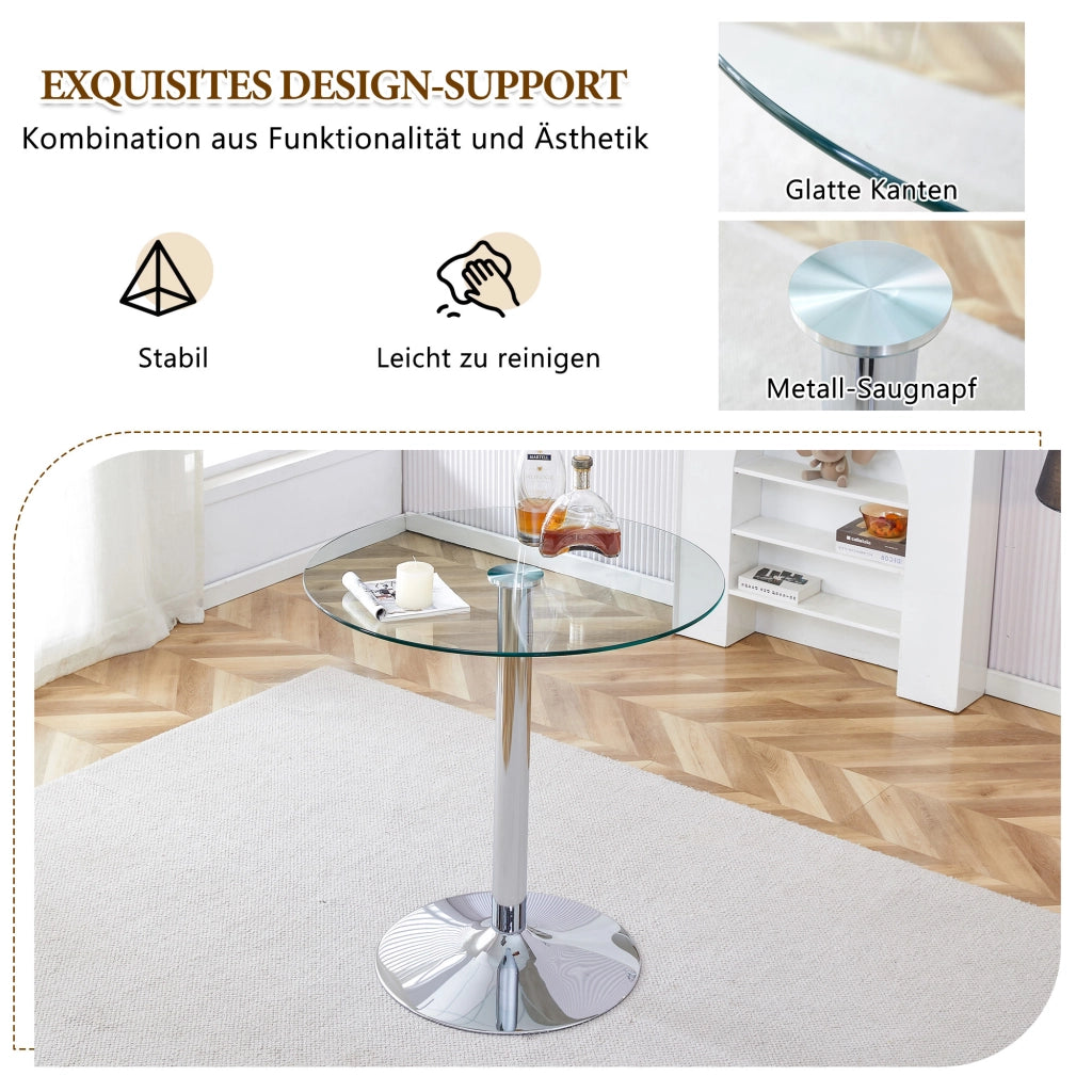 Set Bar Flessibile: Tavolo Rotondo in Vetro Trasparente Ø 89 cm + 2 Sgabelli da Bar con Gambe Argentate, Salvaspazio e Versatile