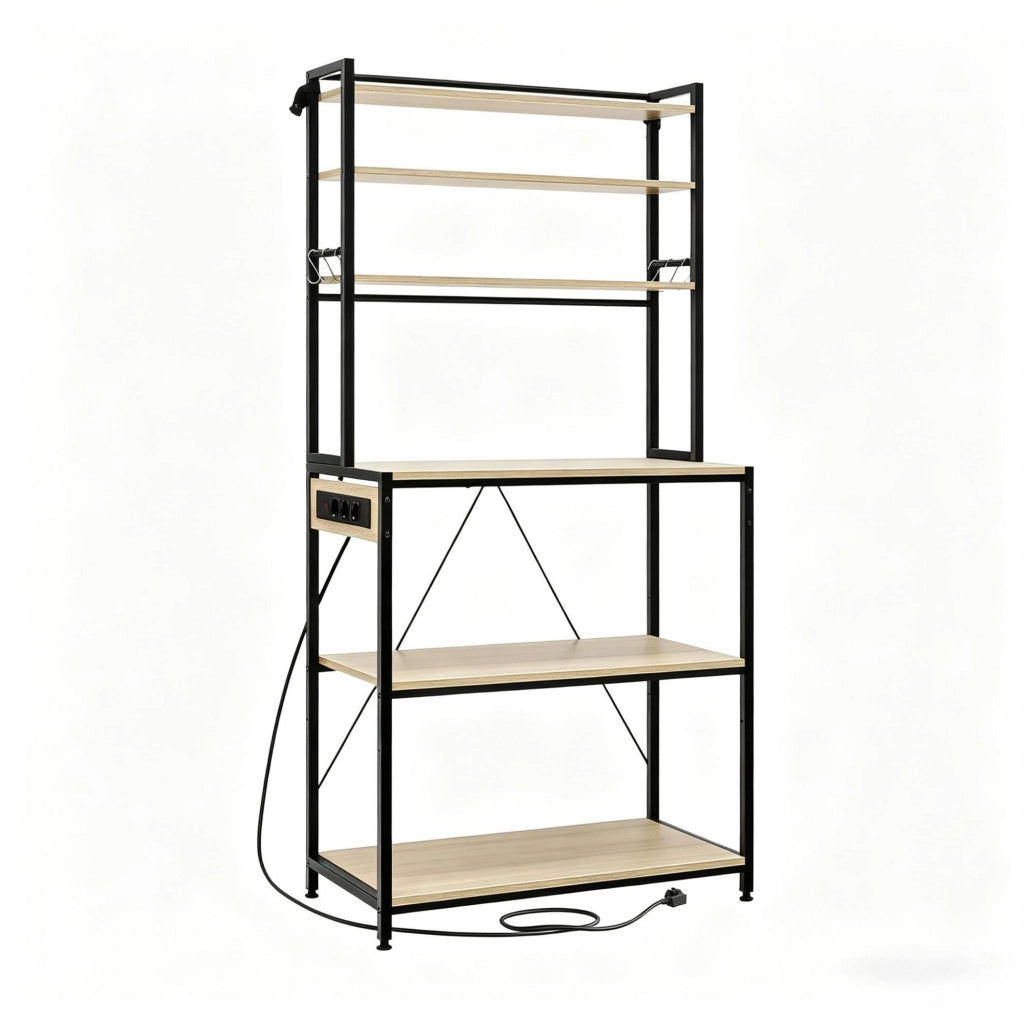 Scaffale da cucina con prese, 6 ripiani e ganci, rovere chiaro