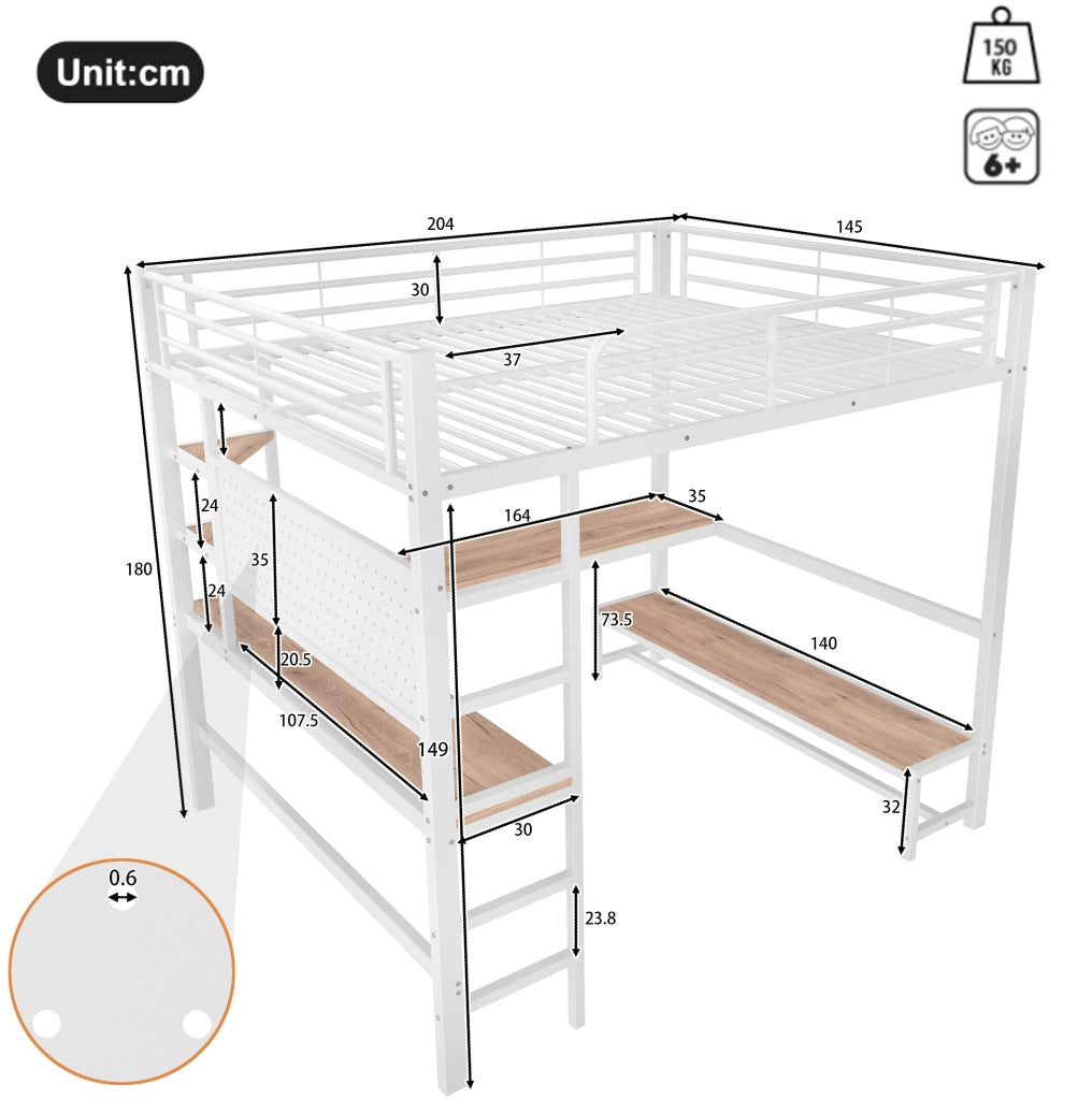 Letto a soppalco 140x200 cm con scrivania; LED; USB e Type-C in metallo e MDF; bianco