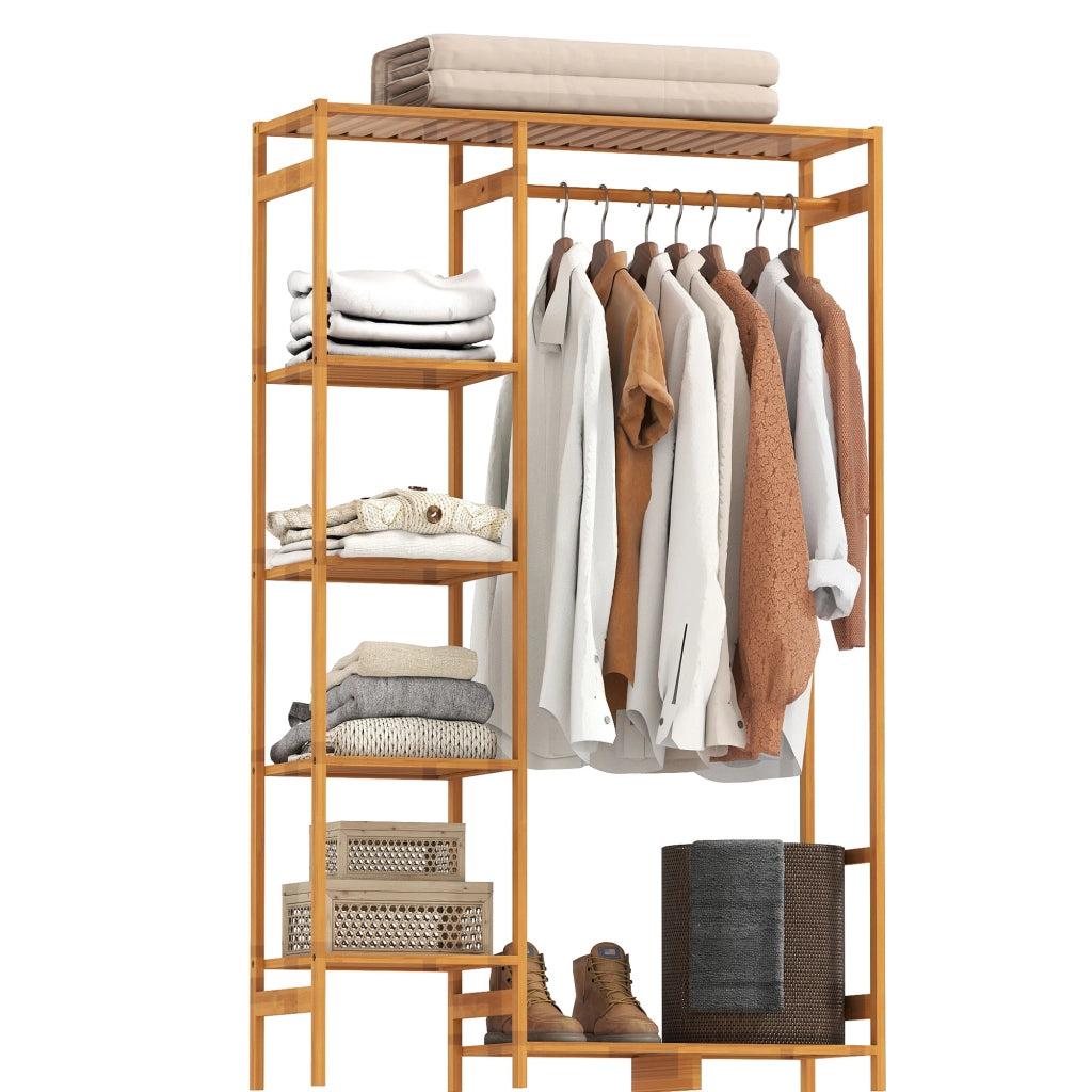 Stand Appendiabiti in Bambù con Scaffale a 6 Livelli e Barra, 90x30x145 cm, Salvaspazio per Casa, Legno Naturale