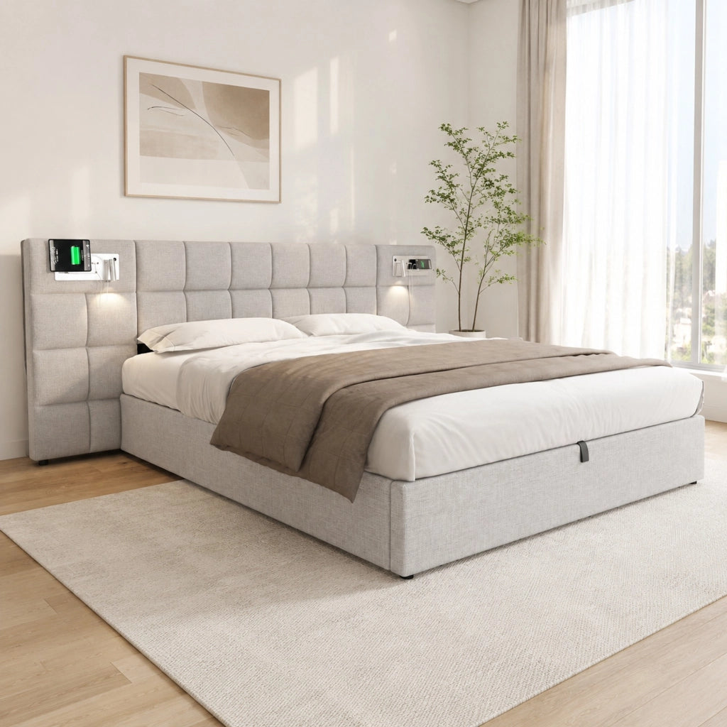 Letto imbottito 180x200 cm con USB; ricarica wireless; luce e contenitore; grigio