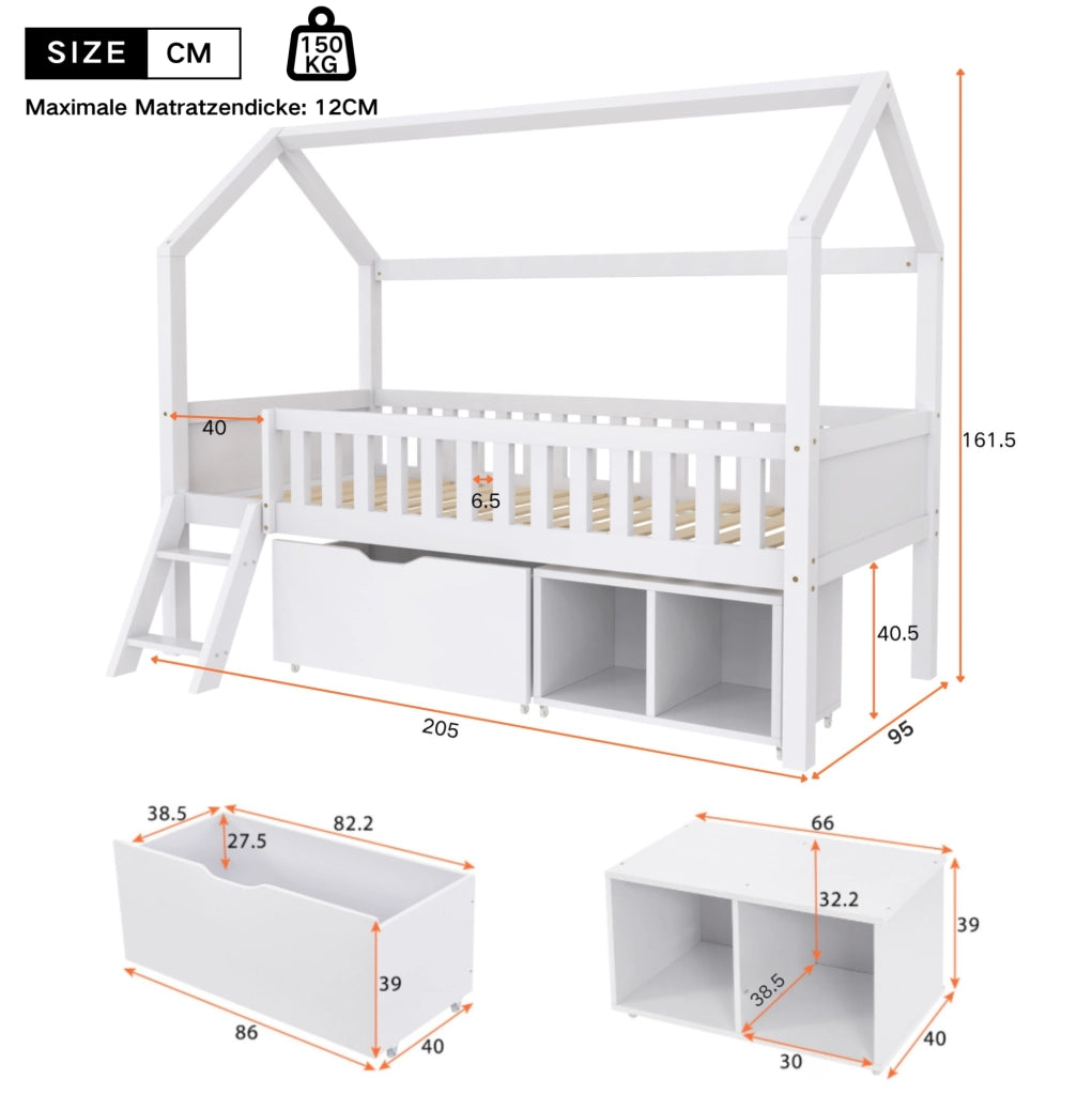 Letto a soppalco per bambini 200x90 cm con cassetti e ripiani, barriera anti-caduta, bianco, in legno di pino