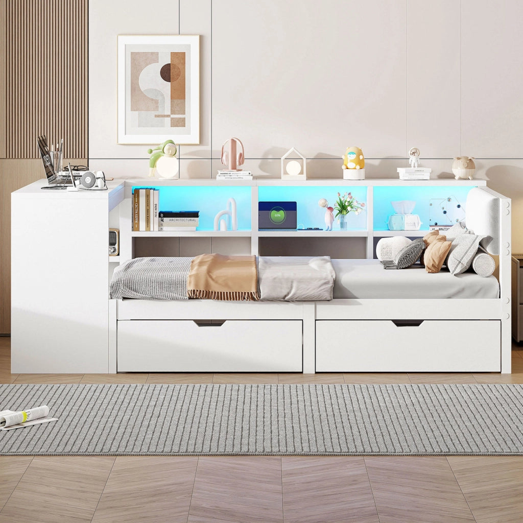 Letto piattaforma 90 x 200 cm con cassetti, prese USB e LED