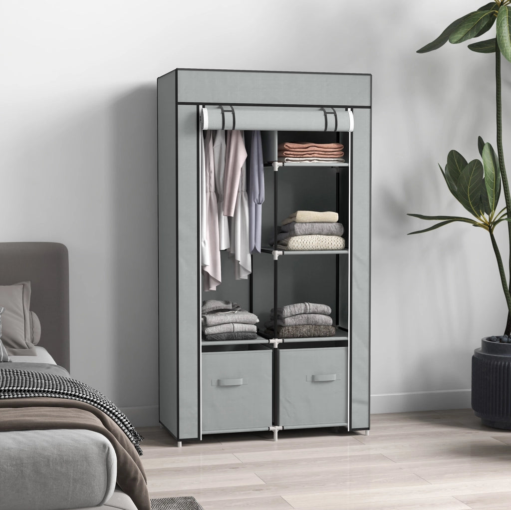 Armadio tessile salvaspazio con 5 scomparti, appendiabiti e zip, grigio chiaro, 83x42,5x162,5 cm