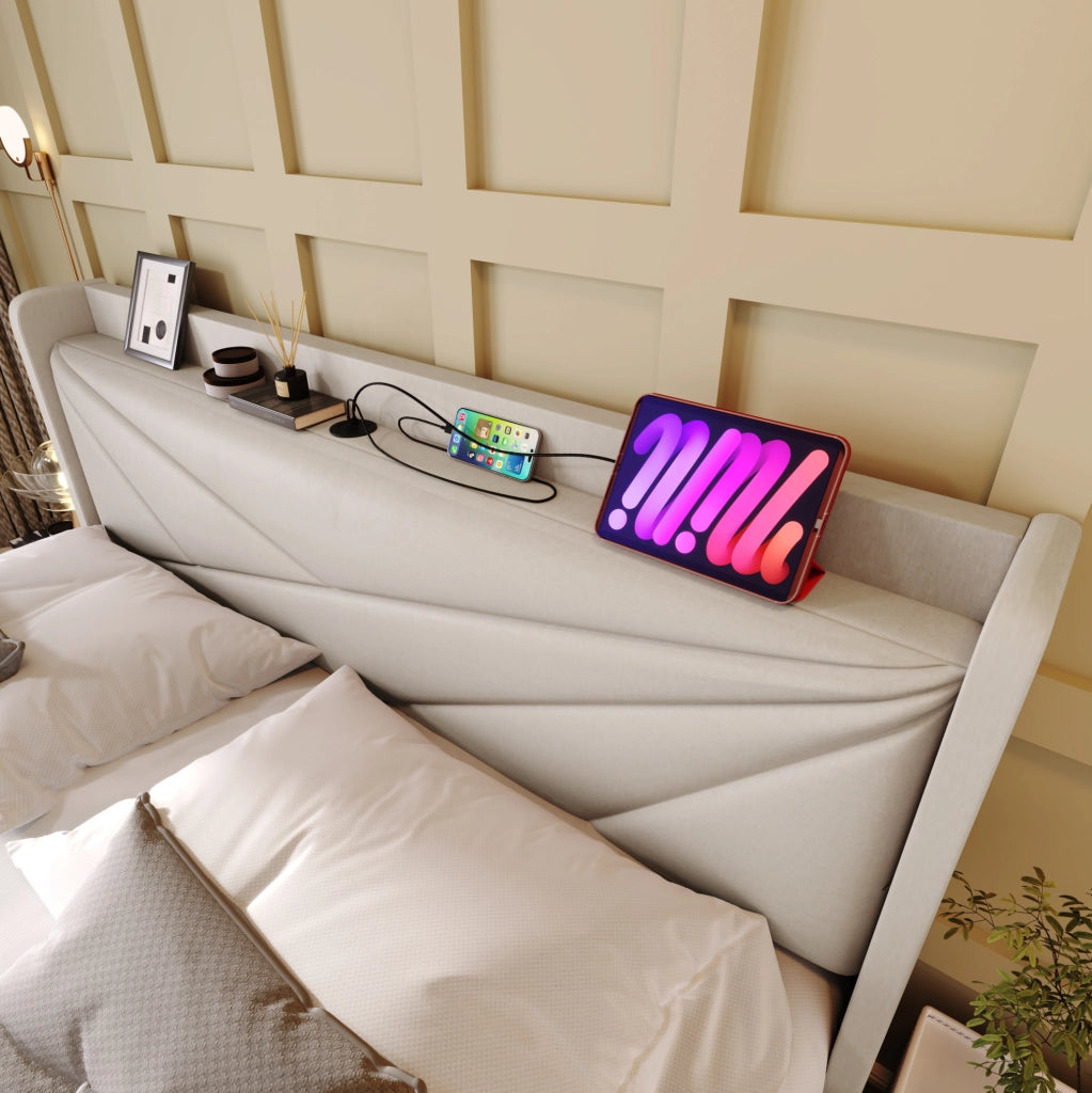 Letto matrimoniale 160x200 cm con contenitore, USB e USB-C in cotone e lino beige