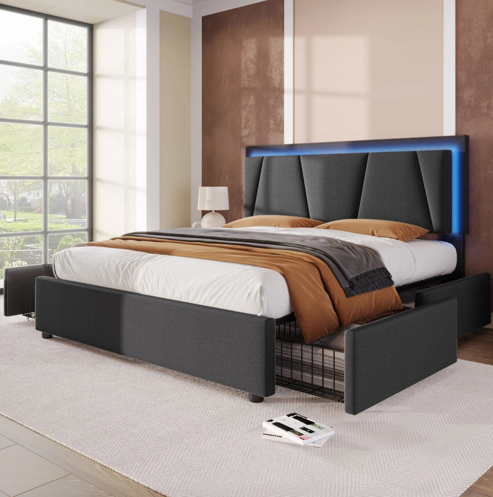 Letto matrimoniale 160x200 cm con LED; 4 cassetti e testiera regolabile grigio HOMVRA