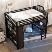 Letto a soppalco 140 × 200 cm con scrivania ripiani scala contenitore LED in metallo e MDF nero