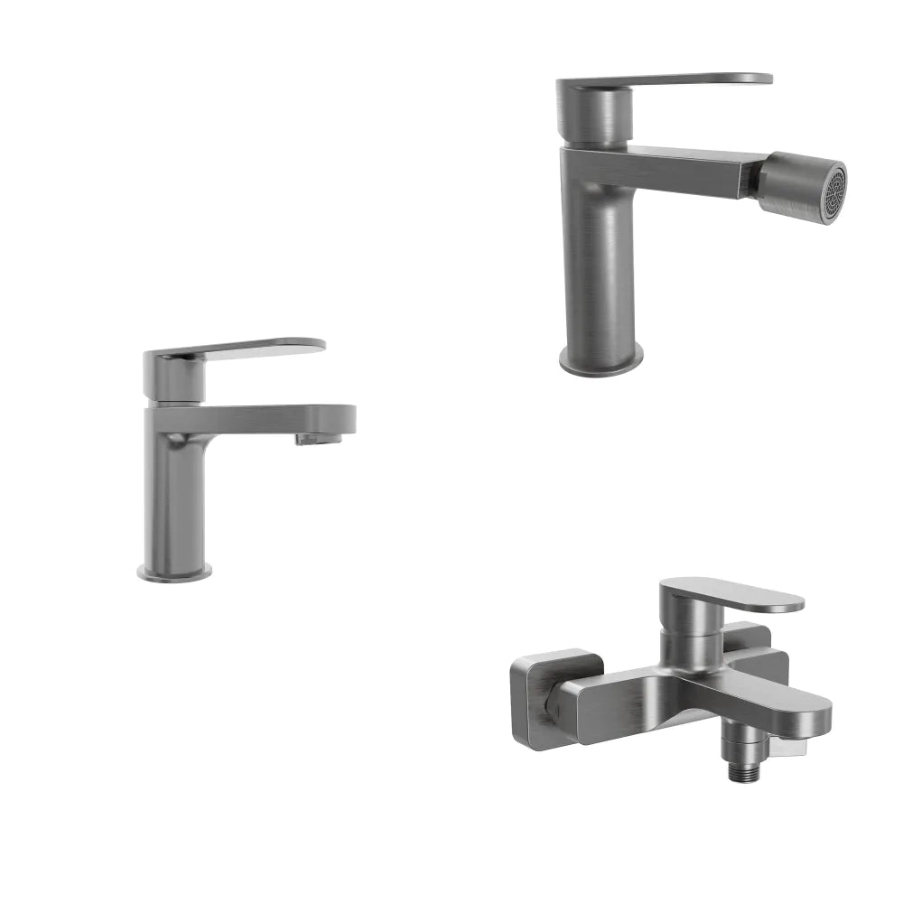 Set miscelatori lavabo 13cm bidet miscelatore esterno vasca gun metal spazzolato | Margot