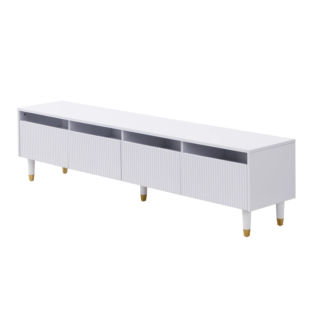 Set mobili moderno LED con mobile TV 4 ante e tavolino con 2 cassetti in MDF bianco con dettagli oro e illuminazione LED