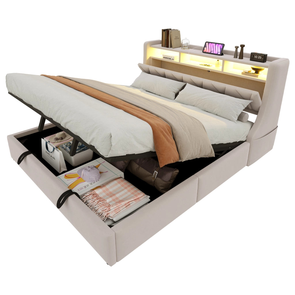Letto contenitore matrimoniale 180 × 200 cm con LED; USB; Tipo-C e mensole; senza materasso; in velluto beige
