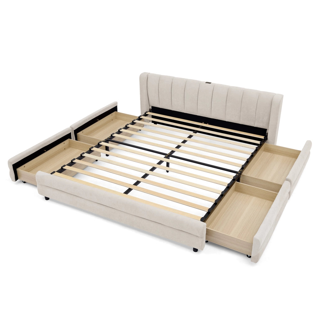 Letto 140x200 cm con 4 cassetti laterali, USB e USB-C in ciniglia beige