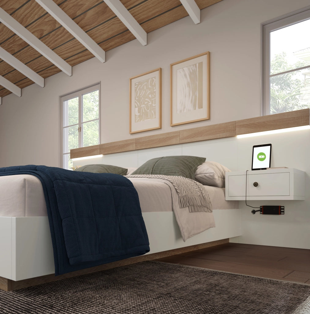Letto matrimoniale 140 x 200 cm con 2 comodini LED e prese USB/USB-C