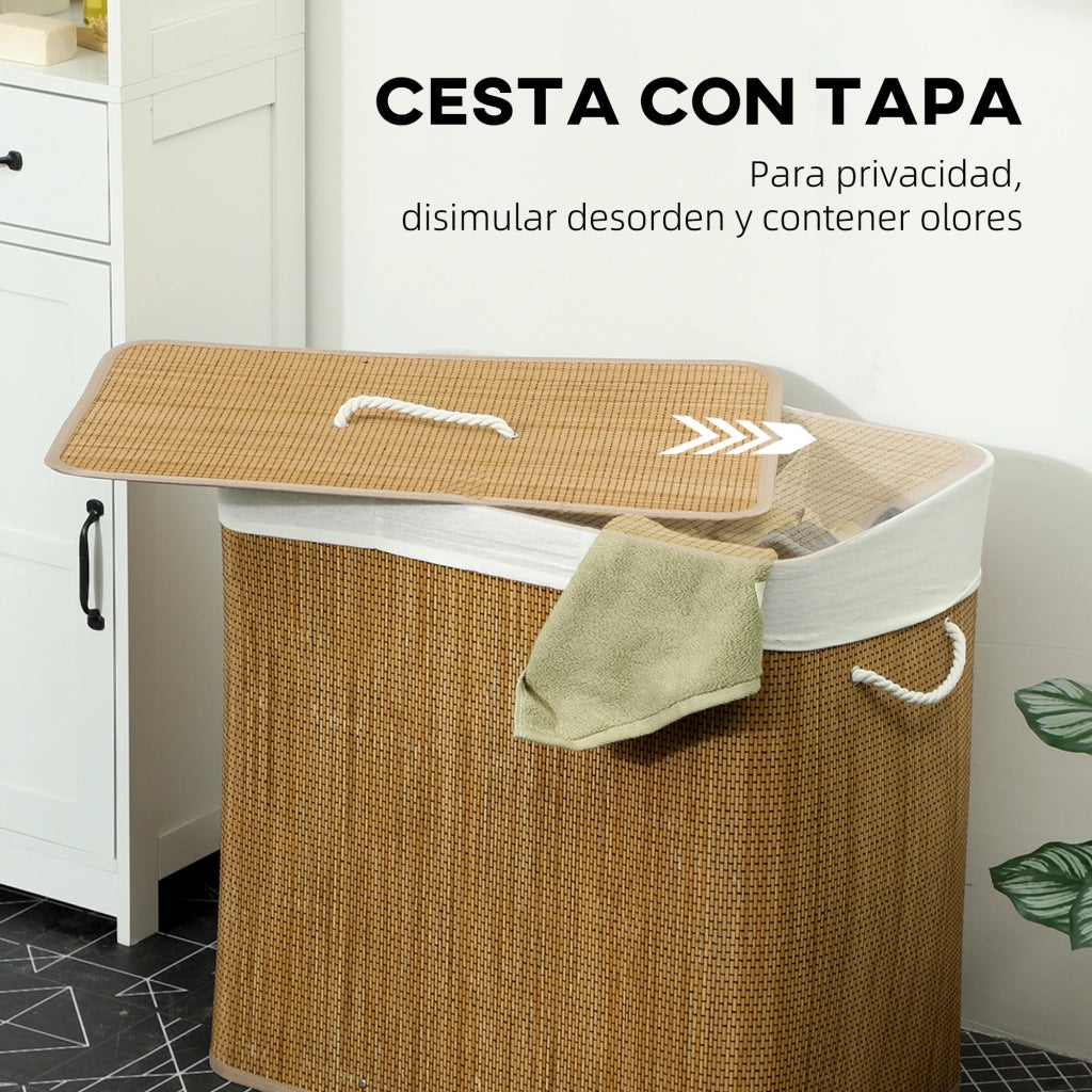 Cestino Lavanderia 144L Bamb¨´ con 3 Scomparti e Maniglia ¨C Minimal ¨C 60x40x60 cm Marrone