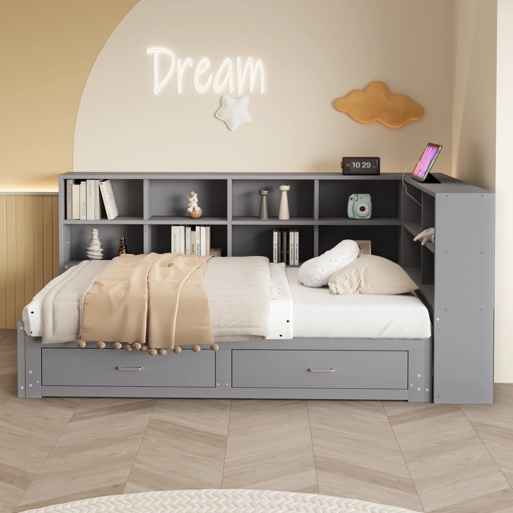 Letto estraibile singolo 90/180×190 cm con vani; cassetti e presa multiuso; senza materasso; legno; grigio