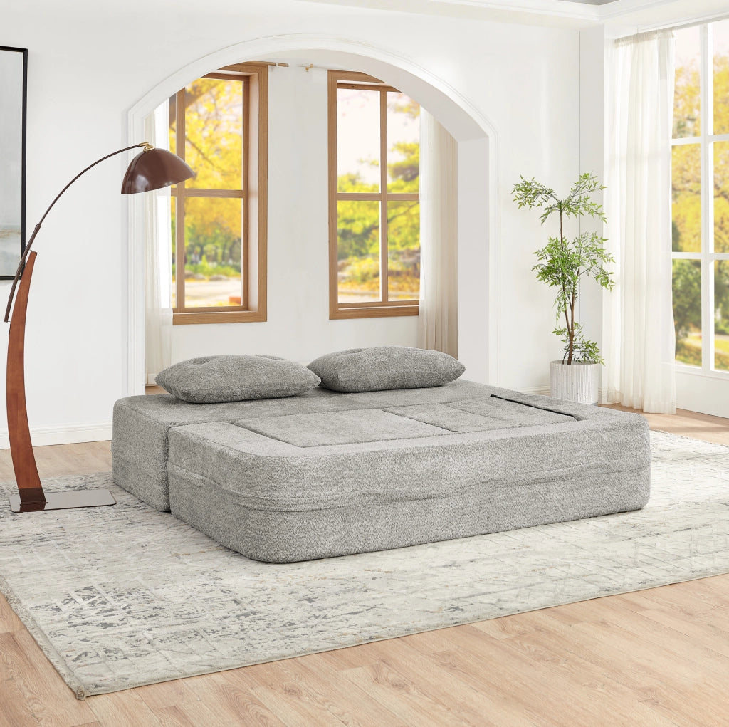 Divano modulare 2 posti con poltrona convertibile in letto, tessuto grigio chiaro, con tasche laterali porta telecomando e smartphone