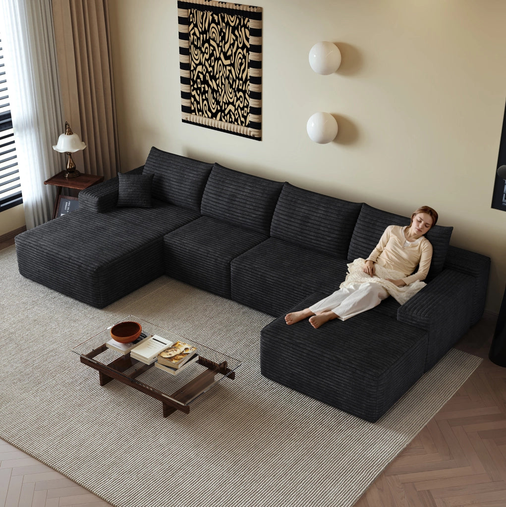 Divano angolare modulare 340 cm con chaise longue a L, tessuto di velluto a coste nero, senza montaggio richiesto