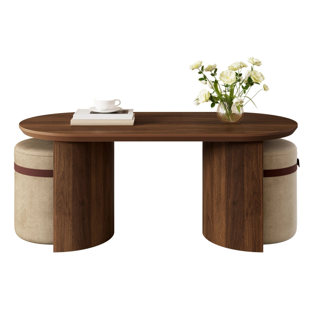 Set tavolino da salotto ovale con 2 pouf imbottiti in MDF e legno di pino noce HAVRYA
