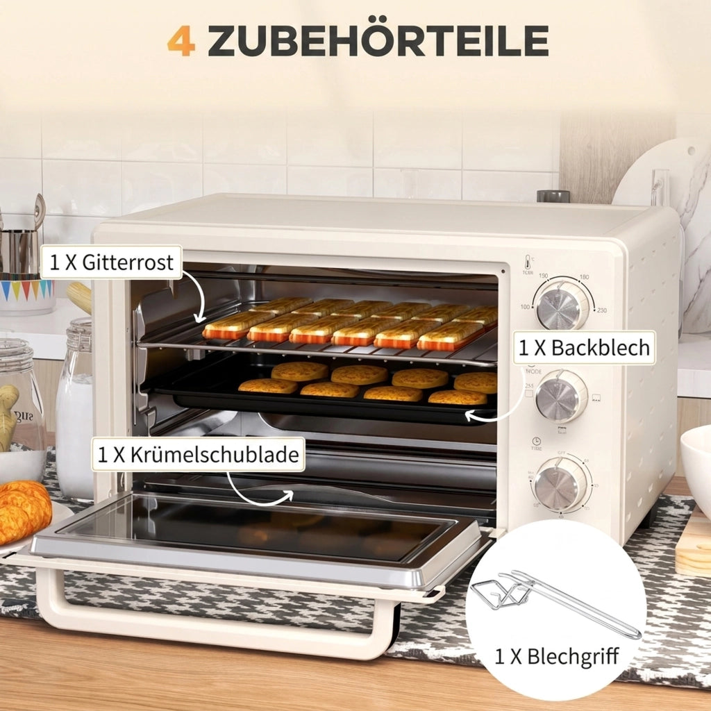 Mini Forno Elettrico 21L Fornetto Compatto da Cucina 100-230°C con Teglia e Griglia 3 Modalita Acciaio Bianco Crema
