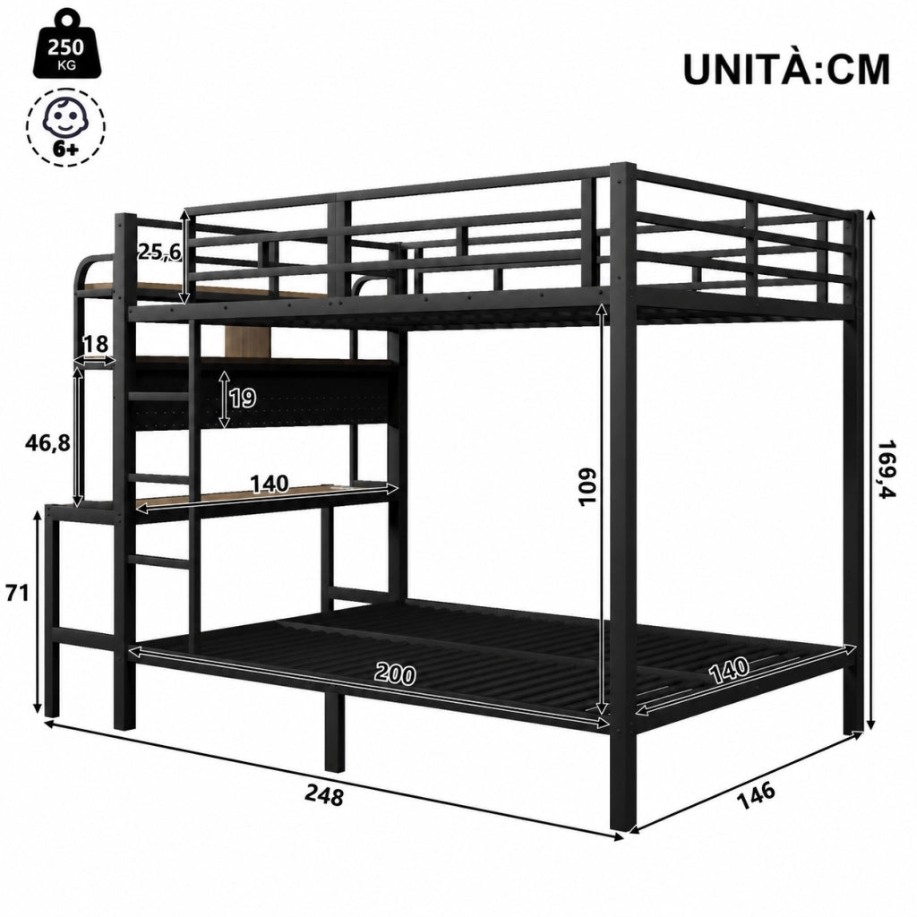 Letto a castello 140x200 cm con scrivania integrata e luce LED, struttura in metallo e MDF, nero