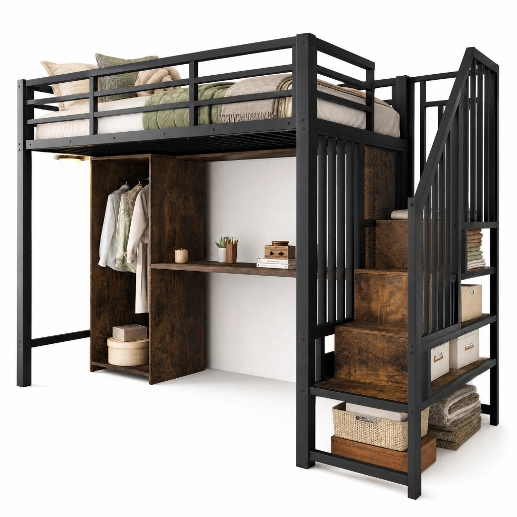Letto a soppalco 90x200 cm con armadio, scrivania e vani contenitori