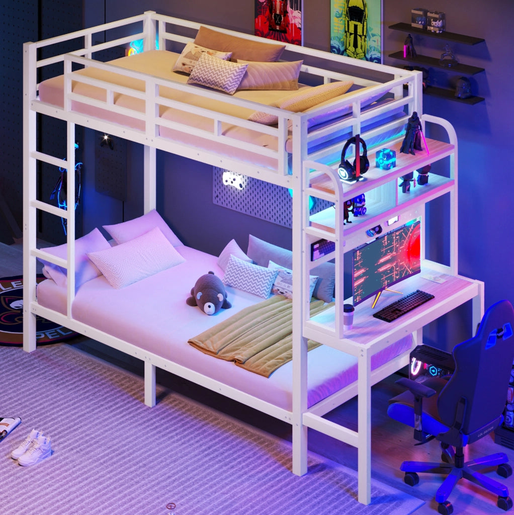 Letto a castello 90x200 cm con scrivania, LED e USB in metallo e MDF bianco