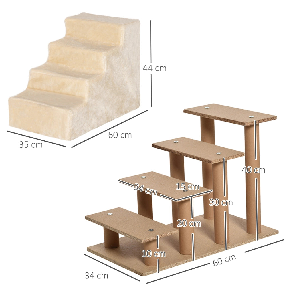 Scaletta per animali a 4 gradini con rivestimento in peluche rimovibile beige per divano o letto 60 × 35 × 44 cm