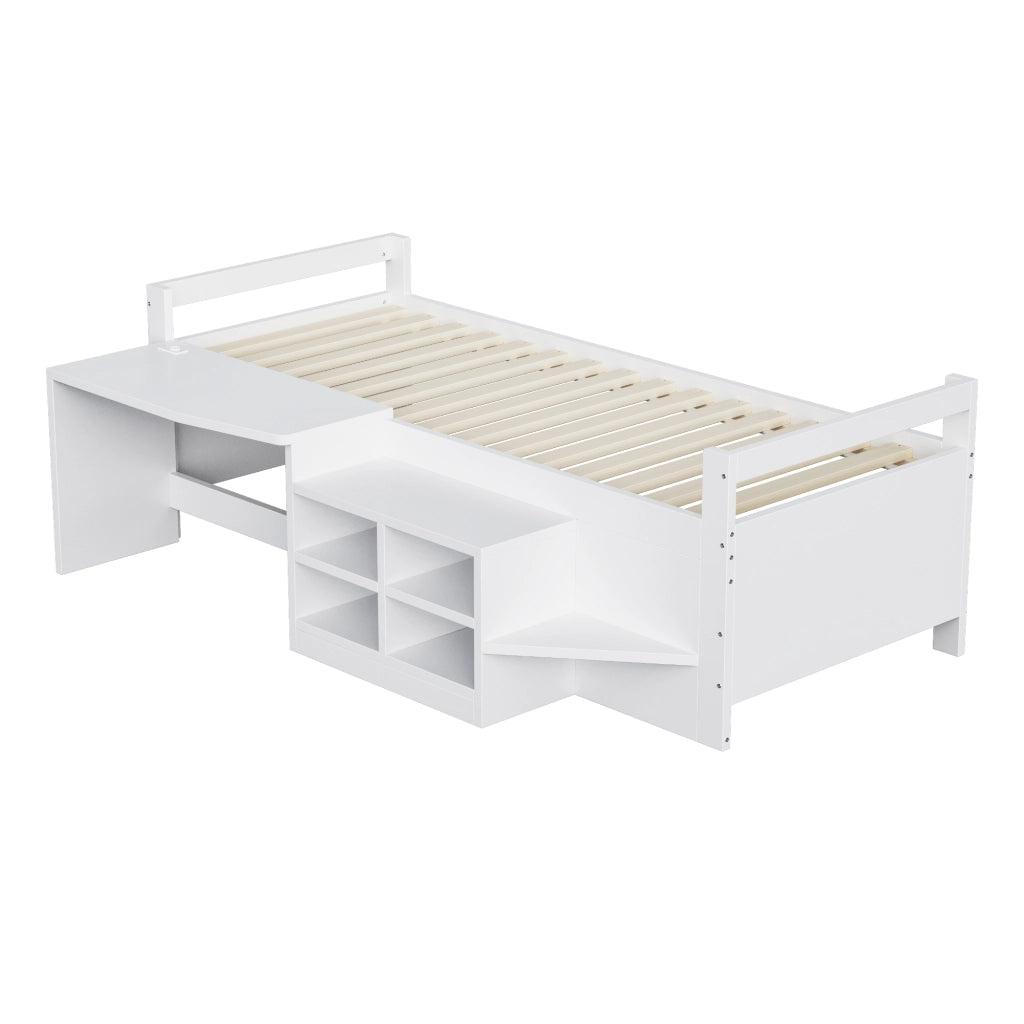 Letto per bambini in legno 90 x 200 cm con scomparti e scrivania con prese standard europeo, letto singolo - Bianco