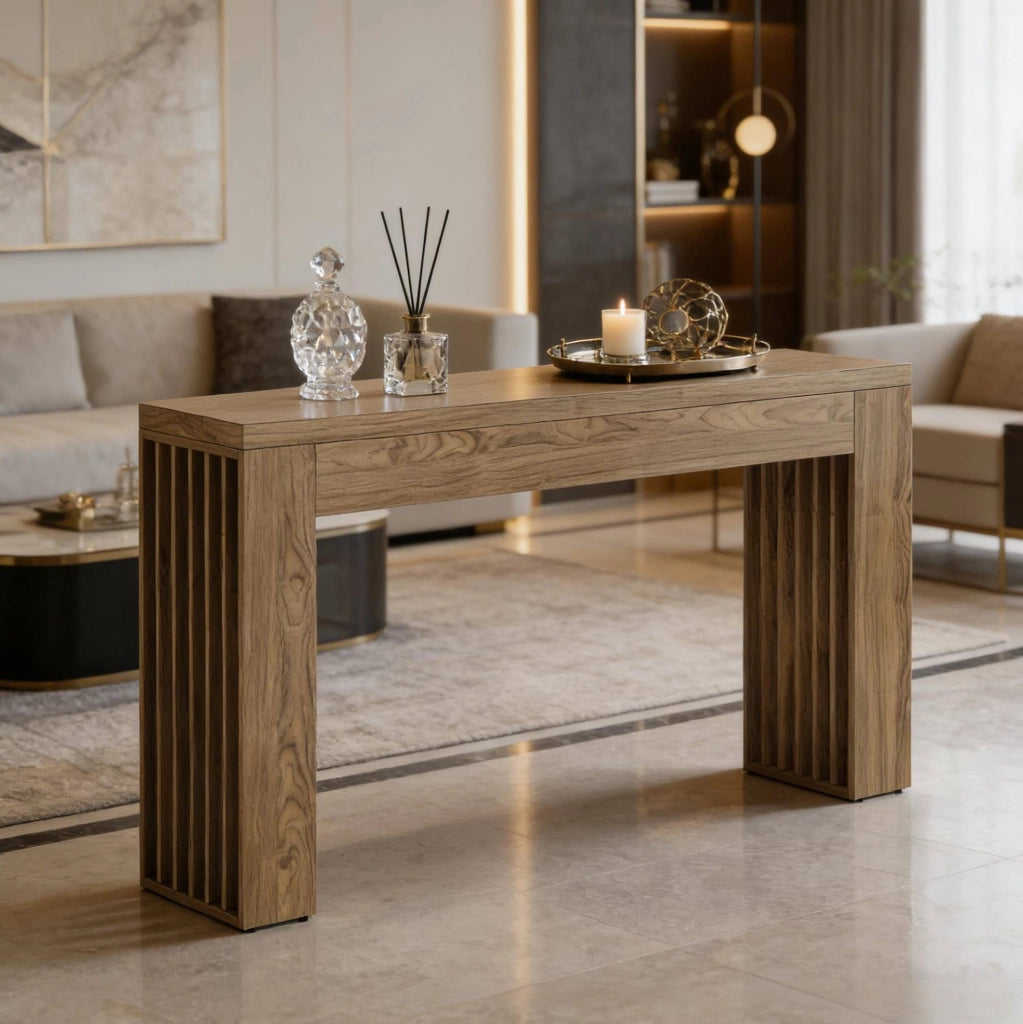 Tavolo consolle in MDF marrone stile rustico; lunghezza 150 cm