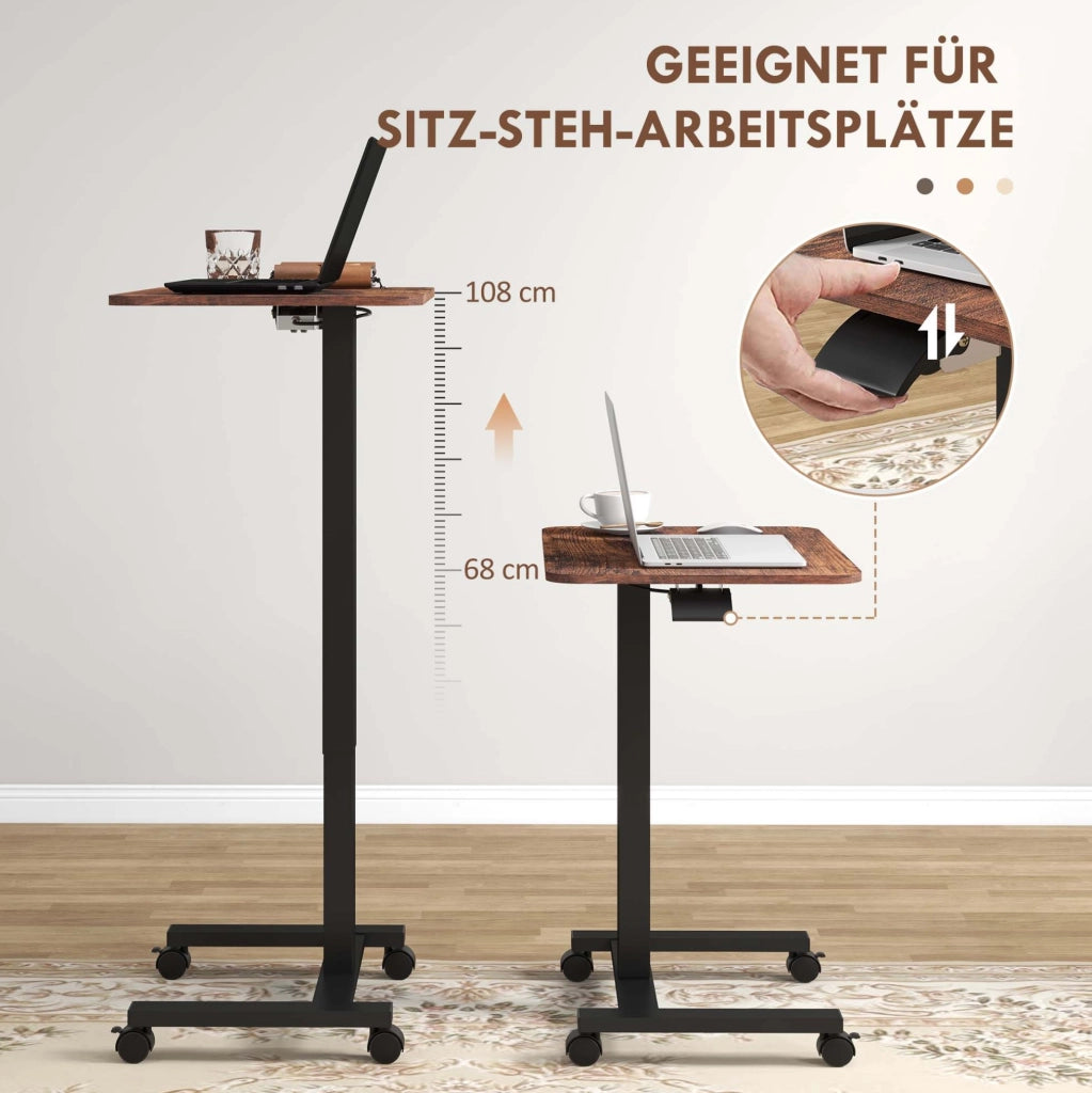 Scrivania per Laptop Regolabile in Altezza con Ruote e Freno, 65x48 cm, Altezza 68-108 cm, Rustico Marrone