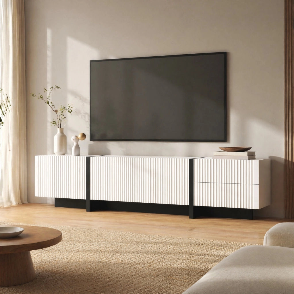 Mobile TV 190 cm con 3 ante e 2 cassetti, bianco e nero