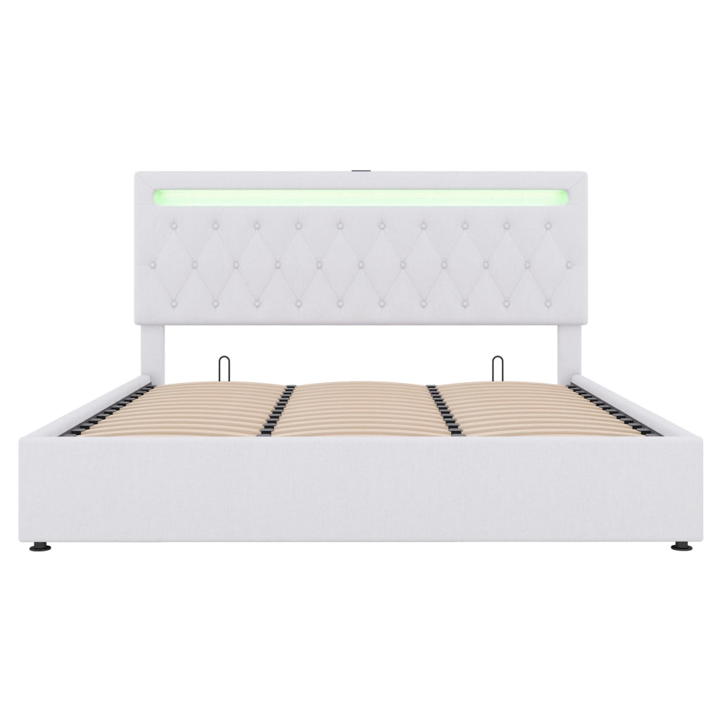 Letto matrimoniale imbottito 180x200 cm con sollevamento idraulico, illuminazione ambientale a LED e porta USB, colore bianco