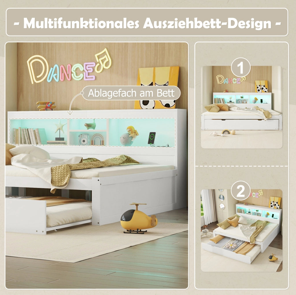 LETTO estraibile 140x200 cm bianco con LED, presa, USB e vano laterale