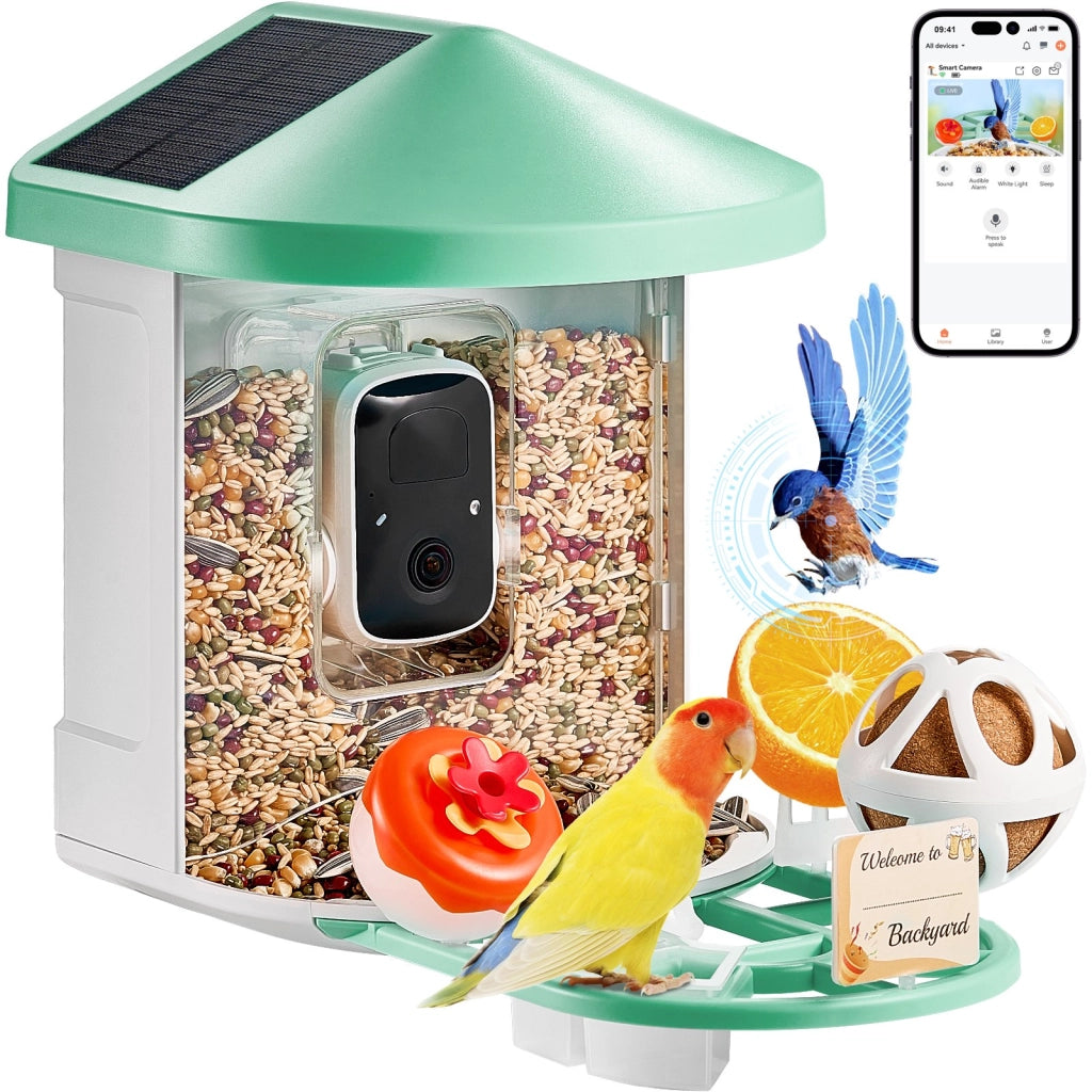 Mangiatoia per Uccelli Intelligente con Telecamera 2K FB-A05, Riconoscimento AI, 3 Pannelli Solari e Batteria 5200mAh per Giardino, Verde