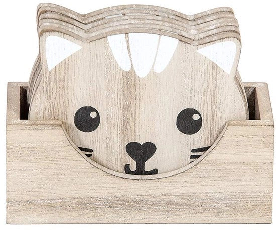 Sostegni in legno con supporto, set di 6 sostegni per piatti, tazze, bicchieri, bevande, accessori per la cucina degli animali, regali per gli amanti dei gatti, marrone