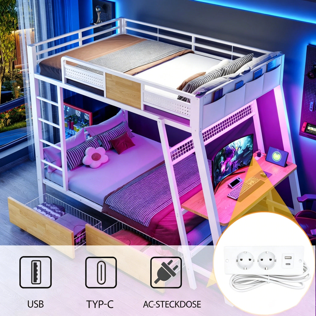 Letto a castello due posti 90 × 200 cm con scrivania; LED; prese USB e Type-C; vani portaoggetti; metallo bianco