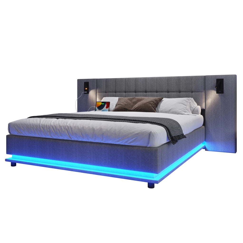 Letto imbottito 180x200 cm in lino grigio con striscia LED, testiera con spot e porta USB, senza materasso